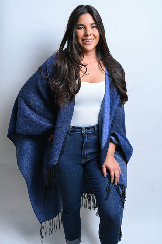 Blue Cashmere Poncho Cardigan Pashmina Cape