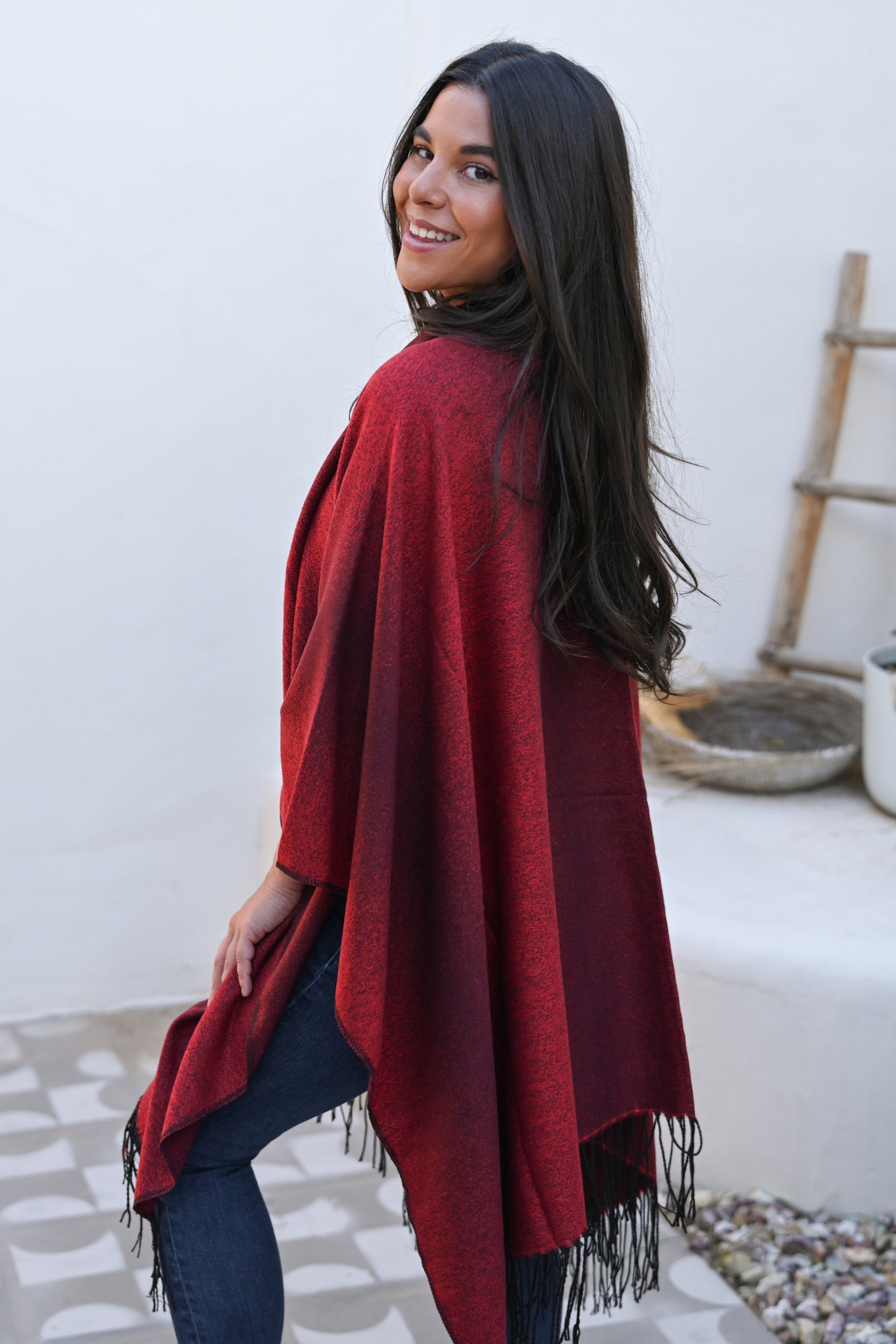 Red Cashmere Poncho Cardigan Pashmina Cape